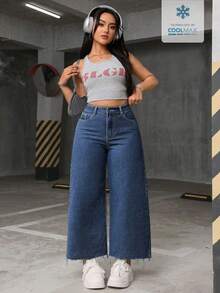 SHEIN ICON 大尺碼女款休閒百搭毛邊口袋鈕扣牛仔長褲 - 中等水洗藍 - 查看 4