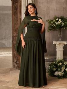 Aureia Plus Size Elegant Classy Olive Green Strapless Ruched Applique Shawl Asymmetrical A-Line Dress Wedding Formal Evening Dinner Winter - Army Green - View 9