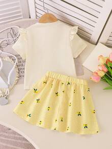 Elladie kids 女童清新甜美白色喇叭袖上衣搭配黄白格子水彩柠檬印花半身裙套装，柔软舒适，宽松版型，适合生日派对、度假、儿童节、野餐、幼儿园、海滩、一周岁生日派对、日常穿着，可爱俏皮的两件套。 - 米色 - 查看 3