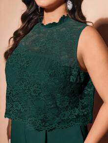 Cravure Elegant Lace Faux Leather Jumpsuit With Invisible Shoulder Straps, Plus Size 2 Pieces Set - Dark Green - View 8