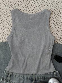 SHEIN 青少年女孩背心 & 吊帶上衣 夏季新款白色螺紋鉚釘裝飾U領修身背心 - 灰色 - 查看 2
