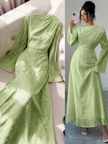 Modelyn Women's Elegant Textured Fabric Flare Sleeve Waist Cinched Dress, Suitable For Spring & Autumn - Green - View 1