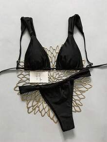 Swim Vcay Summer Beach Women's Solid Color Pleated Sexy Bikini Set For Holiday, Two-Piece - Black - View 2