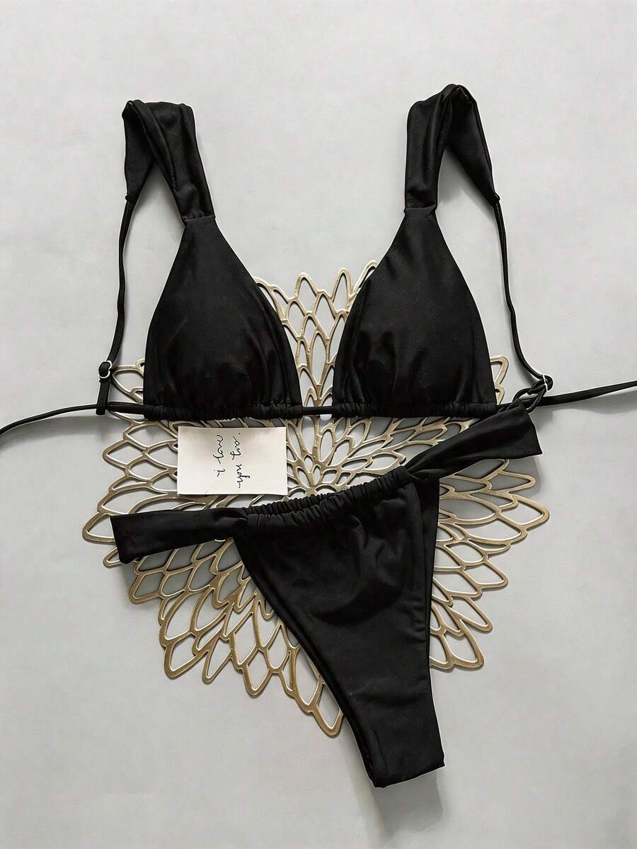 Swim Vcay Summer Beach Women's Solid Color Pleated Sexy Bikini Set For Holiday, Two-Piece