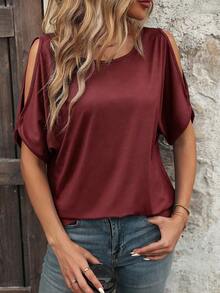 EMERY ROSE Camiseta de hombros descubiertos de unicolor versátil y casual de verano - Burdeos - Ver 4