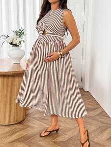 SHEIN Khaki Striped Patchwork Pleated Casual Everyday Party Travel Dress For Pregnant Women. Summer Maternity Dress. - Khaki - View 8