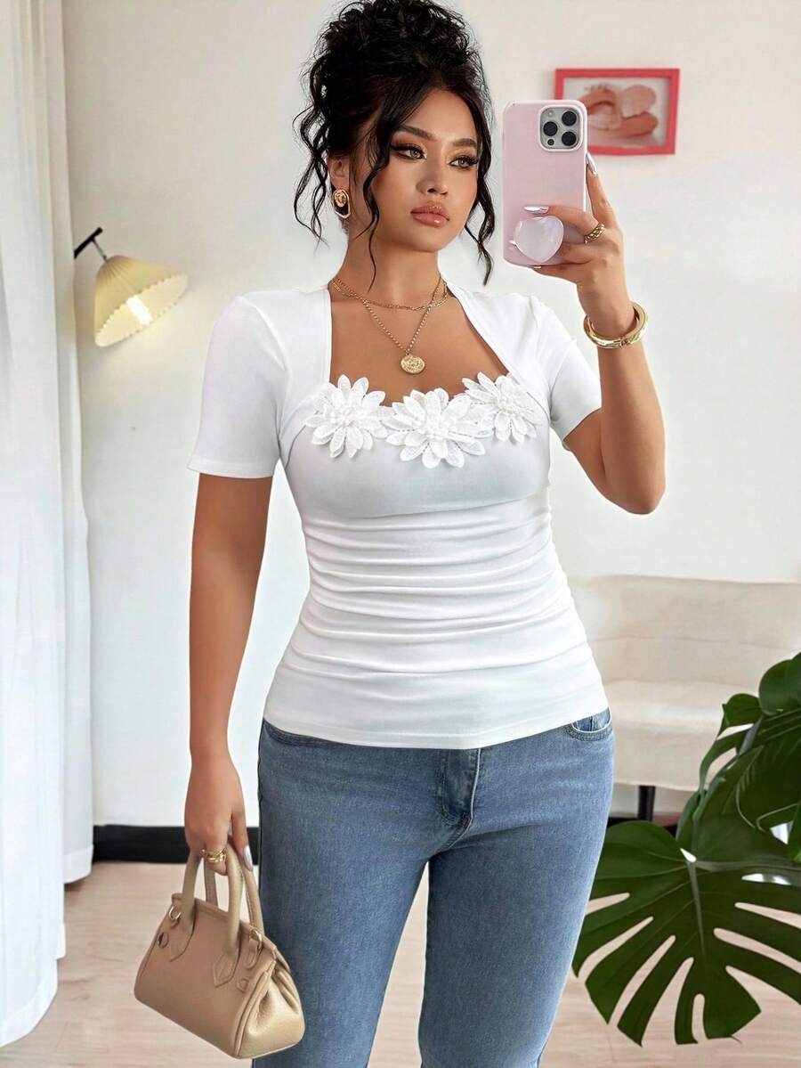 Elenzga Square Neck Short Sleeve Knit Lace Patchwork Decor White Plus Size T-Shirt, Suitable For Spring, Summer And Autumn - White - View 1