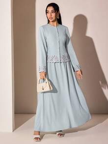 Solavon Women's Floral Embroidered Pattern Long Sleeve Top And Skirt Casual Daily Arabic Set - Green - View 6