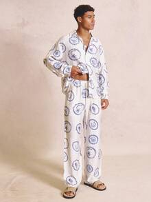 Musero Oversized Lose Fitting Motif Wovan Elasticated Waist Trousers Spring Summer Essentials Co-Ord Trousers Only - Blue and White - View 1