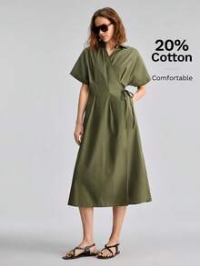 Ontre Women's Olive Green Morandini Color Series High-Quality Comfortable Fabric Summer Bohemian Elegant Style Casual Teachers' Day Outfits Office - Army Green - View 3