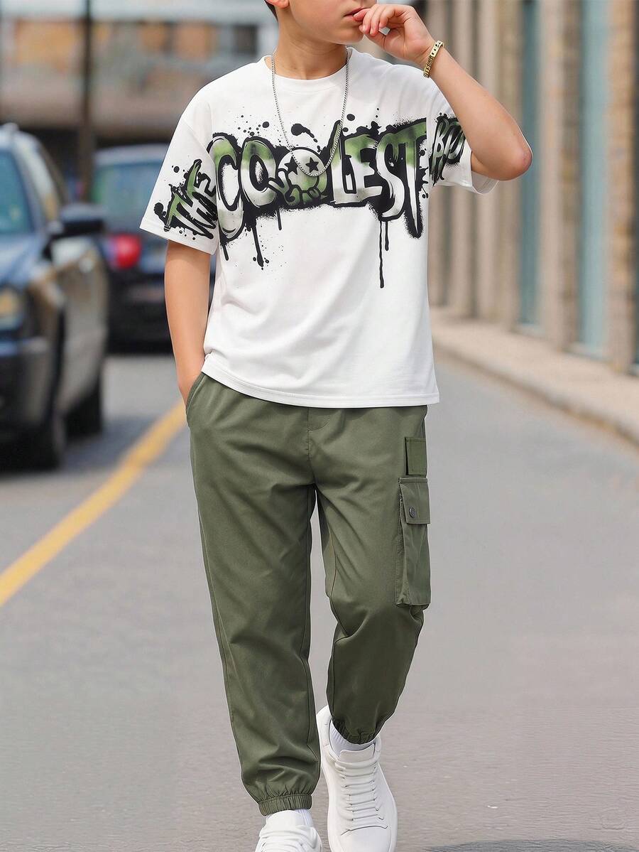 SHEIN 2件組兒童青少年男童休閒街頭風字母印花圖案套頭短袖T恤直筒束口運動長褲針織T恤套裝，運動服，Y2k套裝，適合春夏季，外出、情人節、約會、旅行、度假、家庭聚會、開學、婚禮季、晚餐、運動、生日派對