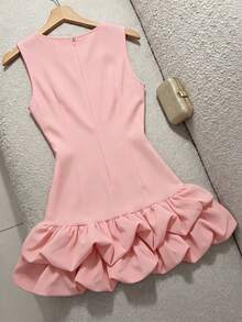 GlowEve Women's Solid Color Round Neck Sleeveless Ruffle Elegant Mini Dress - Pink - View 2