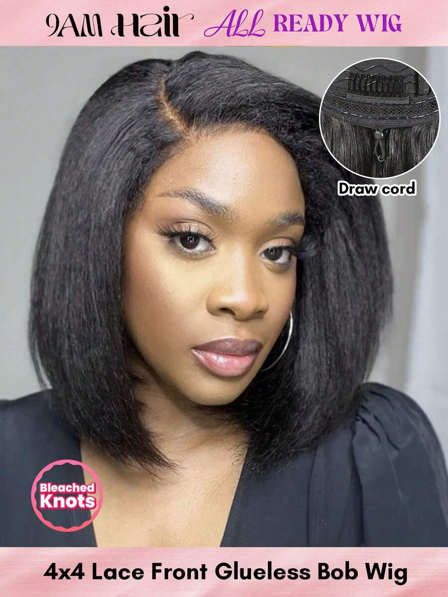 ALL READY WIG Kinky Straight 無膠 Bob 短髮假髮，可調節彈性抽繩人造髮蕾絲假髮，女用全就緒假髮，預漂白、預拔髮、預剪蕾絲融合 4x4 蕾絲封口無膠假髮，含前髮，100% 真人髮 - Natural Black - 查看 1