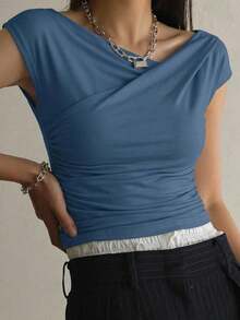 DAZY Ladies Solid Color Pleated Slim Fit Short Sleeve T-Shirt For Spring/Summer - Teal Blue - View 14