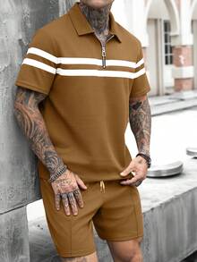 Manfinity Homme Men's Casual Brown Striped Textured Polo Shirt Set Men Brown Short Set Casual Two Pieces Set Men - Brown - View 5