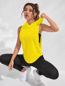 SHEIN Sports Sudadera con capucha casual para mujer con estampado de letras y bajo dividido - Amarillo - Ver 4