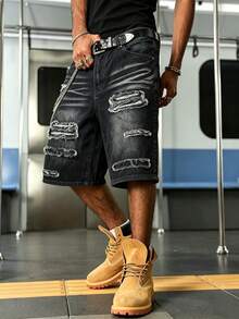 Manfinity EMRG Celana Pendek Denim Berumbai Gaya Jalanan Amerika Grunge Patchwork Hitam untuk Liburan Musim Panas - Hitam - View 7