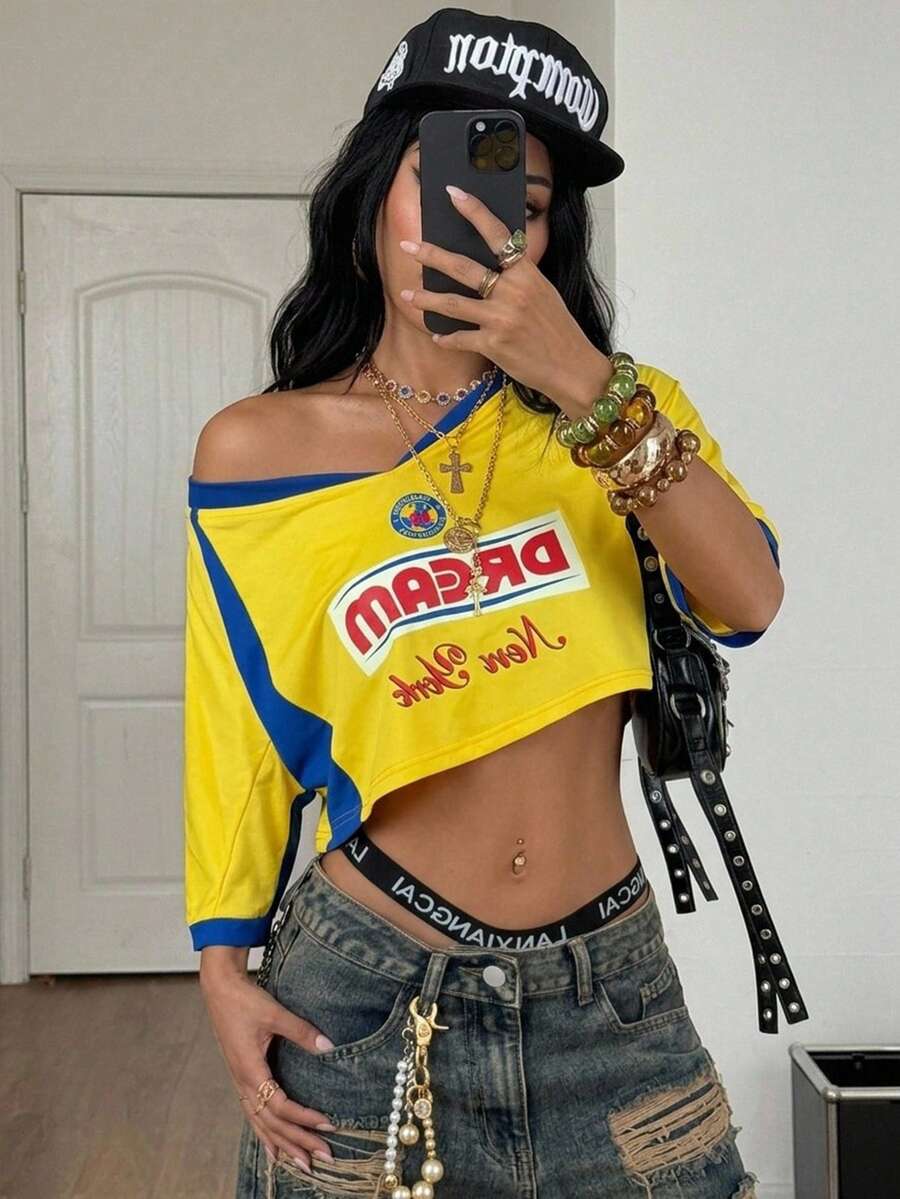 Coolane 女士夏季巴西锐舞节街头服饰 Y2K 外出运动装巴西图案拼接露脐T恤 - 黃色 - 查看 1