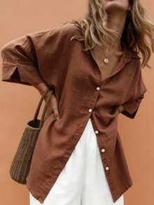 EMERY ROSE Camisa de mujer talla grande para primavera/verano, casual, sencilla y versátil, estilo resort, color caqui liso, corte holgado con hombros caídos y cuello, perfecta para primavera y verano - Óxido marrón - Ver 3