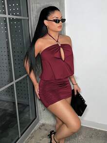 SHEIN SXY 女款掛脖鏤空壓褶優雅夏季洋裝 - 酒紅色 - 查看 5