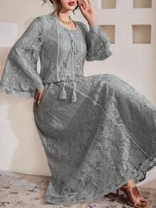 Yasmyna Vestido con cuello cuadrado, encaje, flecos y mangas 3/4 acampanadas para mujeres - Gris - Ver 8