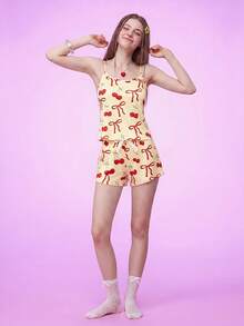 Notgurli 可爱樱桃蝴蝶结INS甜美女孩夏季女士睡衣套装蝴蝶结 - 黃色 - 查看 6