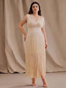 Anewsta Plus Size Women's Solid Color Fringe V-Neck Elegant Party Dress - Apricot - View 3