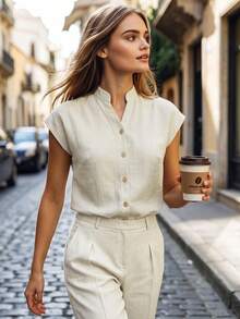 Balvessa V-Neck Striped Button-Down Short Sleeve Shirt Casual Versatile Slimming Fitted Women's Blouse - Apricot - View 5