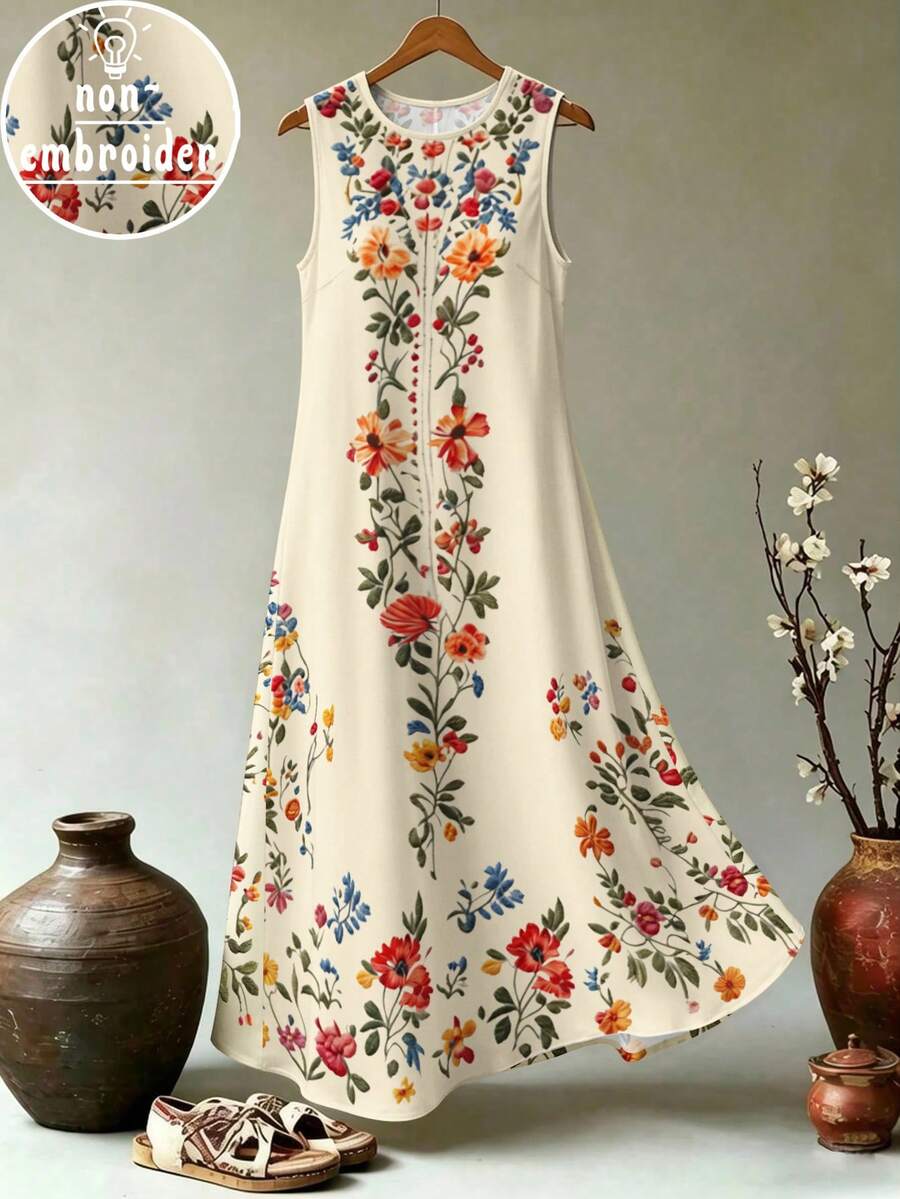 EMERY ROSE Gaun Maxi Tank Longgar Tanpa Lengan Leher Bulat Motif Bunga Vertikal Krem Ukuran Plus untuk Wanita, Gaya Boho, Liburan Pantai, Gaun Santai yang Mengalir - Putih - View 1