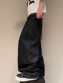 STEELVANCE 男士刺繡寬鬆休閒寬腿牛仔褲 - 黑色 - 查看 4
