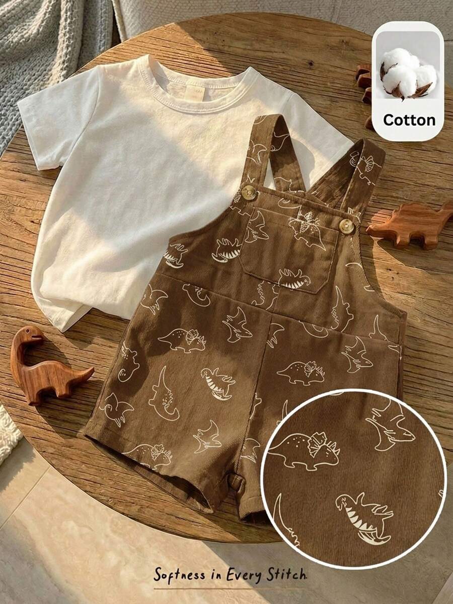 Cozy Pixies 2件套男/女童夏季韩版休闲纯色短袖T恤+可爱恐龙印花背带短裤两件套,适合春夏穿着 - 卡其色 - 查看 1