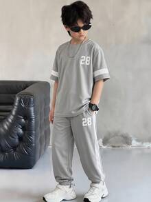 SHEIN 2件組兒童青少年男童休閒極簡數位印花圓領套頭上衣，撞色設計，適合夏季、運動、跑步、戶外穿著 - 灰色 - 查看 5