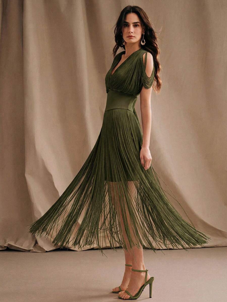 Anewsta 女士新款优雅深V领流苏腰身连衣裙,夏季连衣裙,派对连衣裙,夏季度假装,优雅连衣裙 - 軍綠色 - 查看 1
