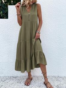 Breezaya Button Detail Layered Hem Smock Dress Maxi Vacation Beach Outfits Women - Army Green - View 1
