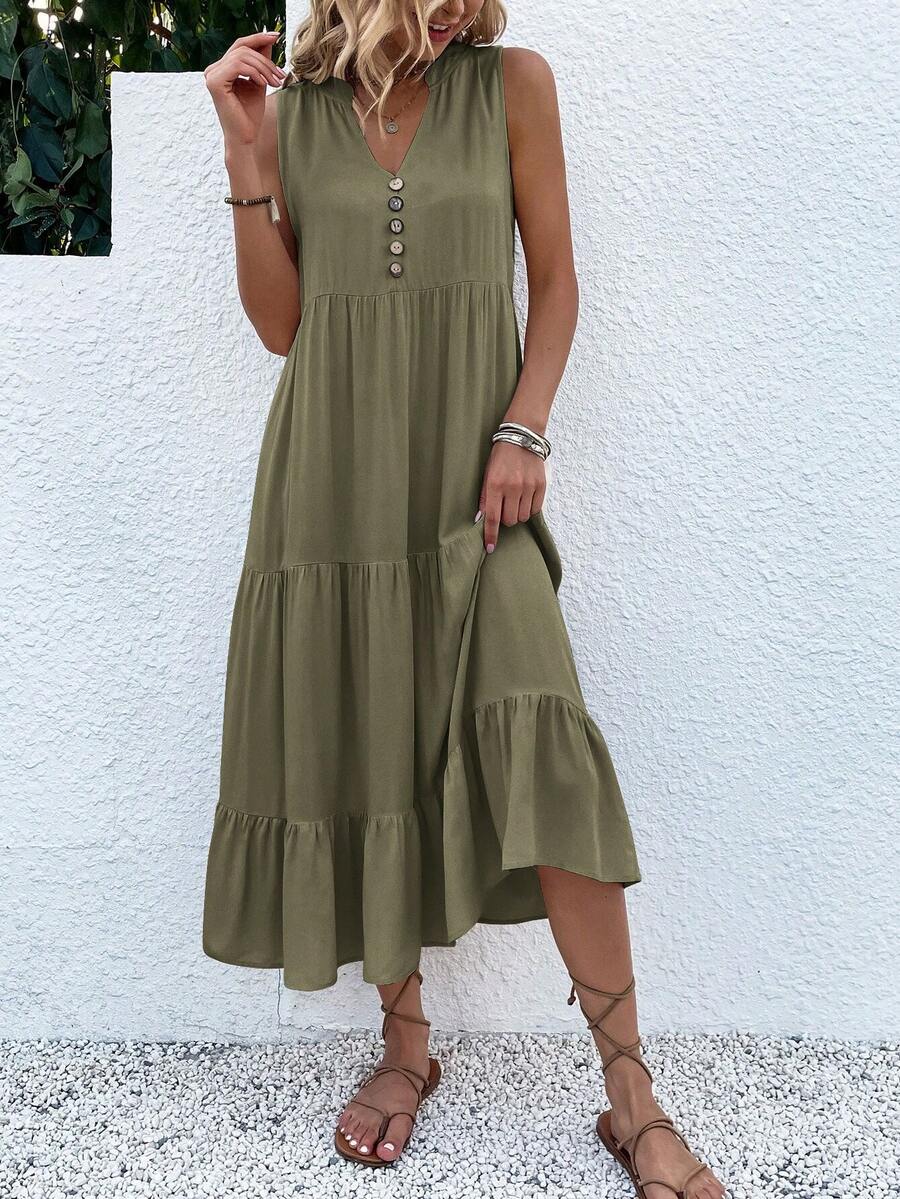 Breezaya Button Detail Layered Hem Smock Dress Maxi Vacation Beach Outfits Women - Army Green - View 1
