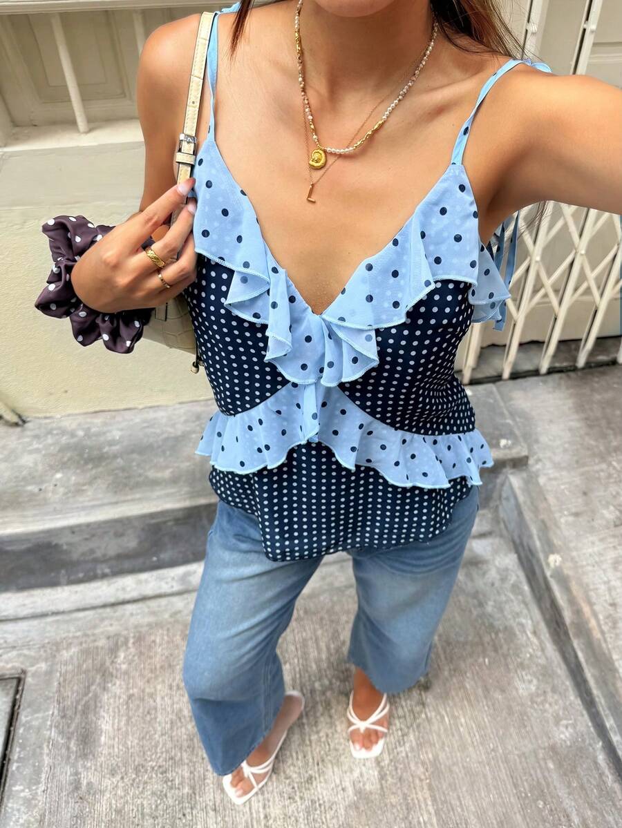 Serisse Women's Summer Navy Blue Polka Dot Ruffle V-Neck Casual Cute French Tropical Versatile Daily Vacation Outing Camisole Top For Date Night Tea Party - Multicolor - View 1
