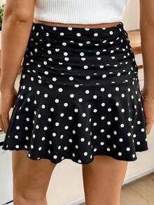 SHEIN Saia Plissada com Estampa de Poá, Estilo Casual Elegante de Férias, para Uso Diário e Deslocamento, para Gestantes no Verão - Preto e Branco - Visão 4