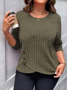SHEIN LUNE Women's Olive Green Casual Autumn Commuting And Travel Outfits Plus Size Knit Top, Round Neck Side Button Irregular Hem Ribbed Long Sleeve Tee, - Army Green - View 5