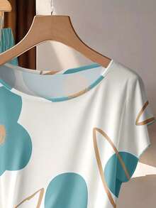 EMERY ROSE Plus Size Floral Print Round Neck Short Sleeve 2 Pieces Casual Summer Set - Green - View 3