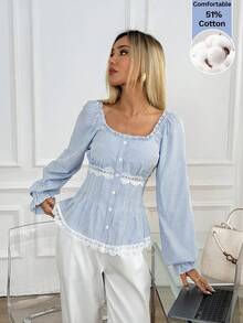 Easowa Damen Casual Gestreiftes Spitzen Patchwork Hemd - Blau-Weiß - Übersicht 2