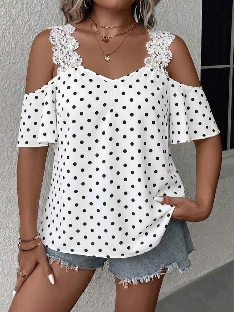 Reflora Plus Size Women's Lace Patchwork Sleeveless Off-Shoulder Polka Dot Pattern Elegant Blouse, Spring/Summer New Arrival - White - View 1