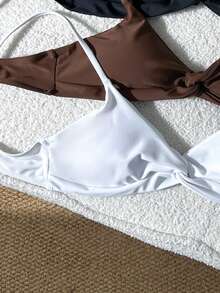 Swim Vcay Conjunto de 3 Peças de Maiô Bikini Feminino Estilo Férias de Verão na Praia, Simples, Sexy, Casual, Modesto, Cor Sólida, Top com Torção na Frente, Preto, Marrom Escuro, Branco Total - Multicolorido - Visão 3