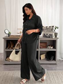 Weeklong Women's Plus Size Autumn Sleeve Drawstring Tie Commute Minimalist Normal Capsule Shirt Brunch Office Dark Wash - Black - View 4