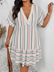 SHEIN Frenchy Plus Size Women's Multi-Color Striped V-Neck Ruffle Hem Dress - Multicolor - View 1