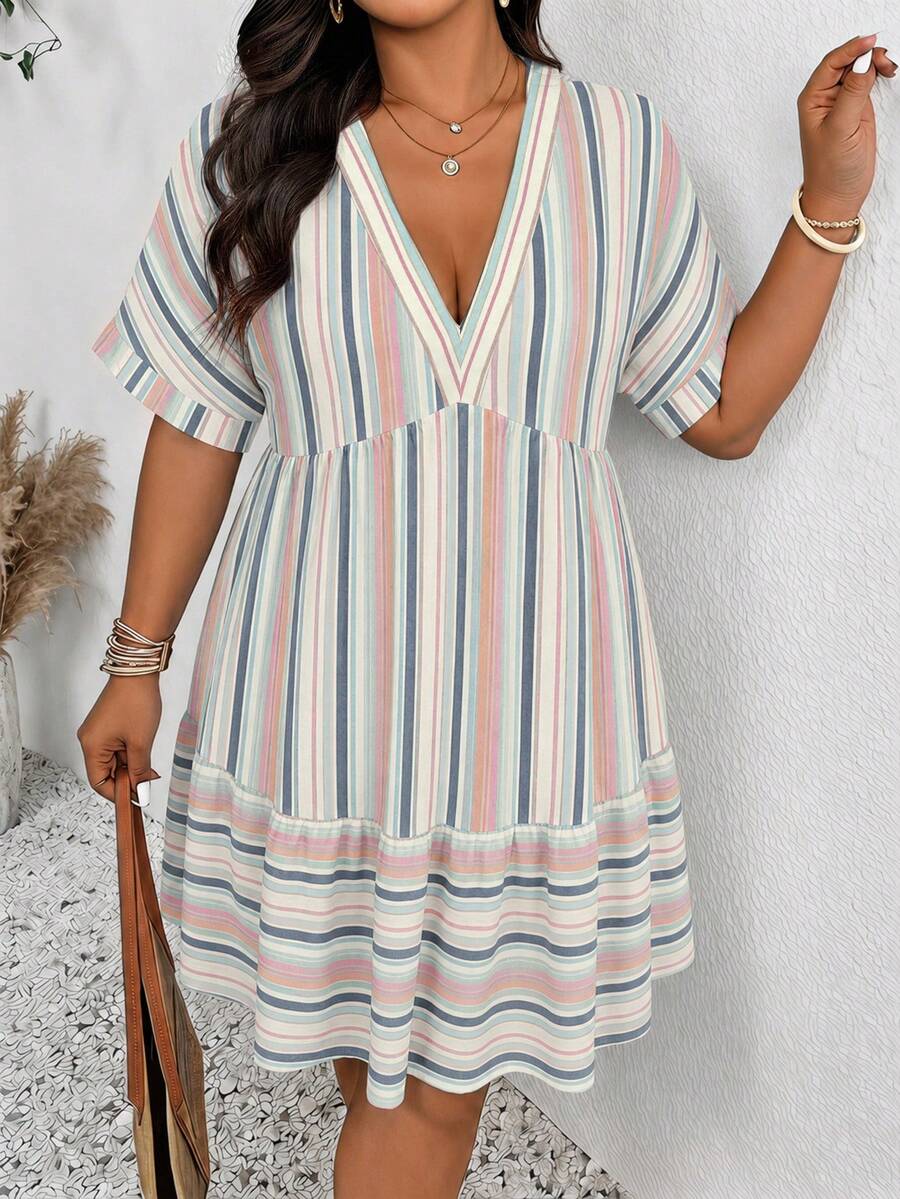 SHEIN Frenchy Plus Size Women's Multi-Color Striped V-Neck Ruffle Hem Dress - Multicolor - View 1