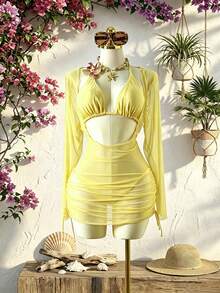 Swim SXY Plus Size 3-Piece Women's Swimsuit Set With Floral Accents, Solid Color, Sexy - Yellow - View 3