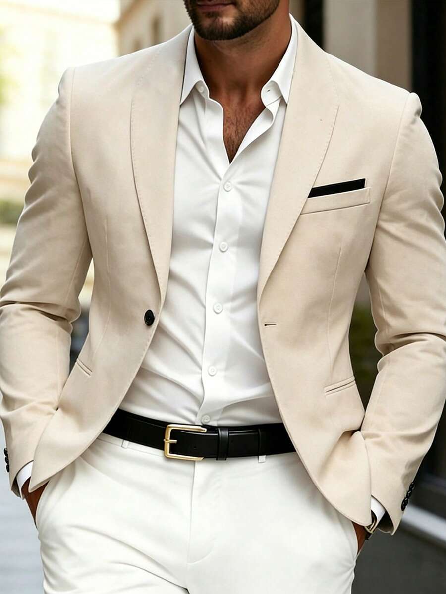 Manfinity Mode Blazer Pria Lengan Panjang untuk Perjalanan Bisnis dengan Kerah Berlekuk - Krem - View 1