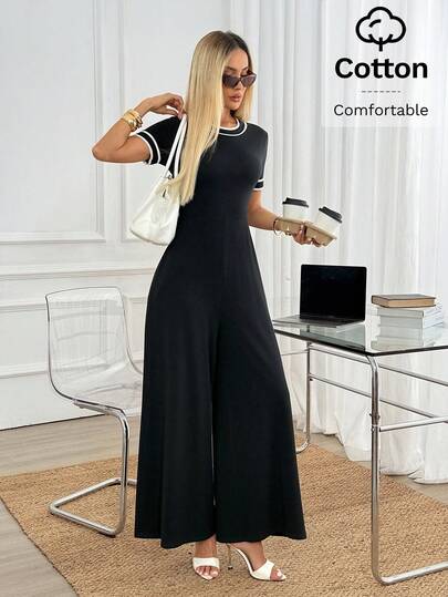 Easowa Mono de mujer de verano casual para uso diario y desplazamiento al trabajo con ribete de contraste, manga corta, cintura ceñida y pierna ancha