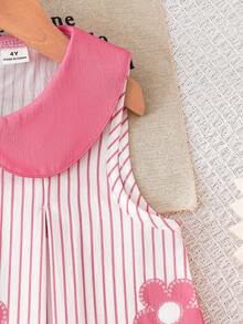 SHEIN Elladie kids Ensemble pour filles avec col rose, Top plissé à imprimé floral mignon à rayures roses et blanches avec nœud 3D et short plissé à jambes larges à la mode, convient pour le trajet quotidien décontracté, tenue mode simple et mignonne - Rose bonbon - Voir 9