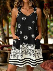 EMERY ROSE Plus Size Women's Woven Printed Summer Casual Resort Dress - Black - View 1